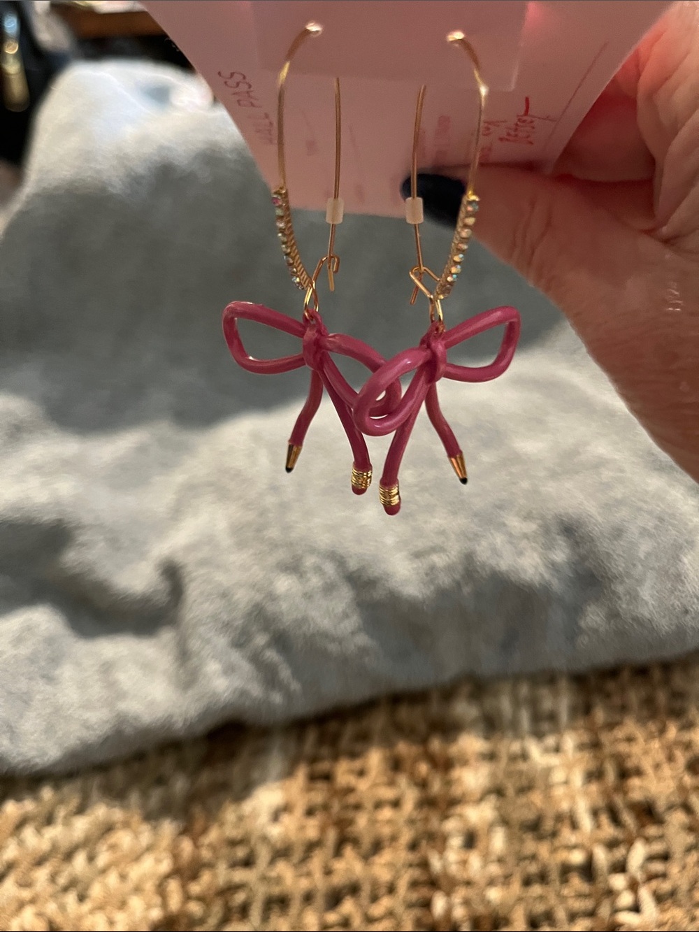 NWT Betsey Johnson Hot Pink Bow Dangle Earrings with Gold Accents eraser & lead - Picture 6 of 6
